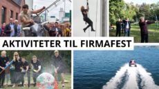 Billedet viser en collage af aktiviteter til en firmafest. Deltagerne engagerer sig i forskellige underholdende og udfordrende aktiviteter: ridning på en mekanisk tyr, rappelling ned ad en bygning, bueskydning, leg med vand og store bolde, og hurtig sejlads på vandet. Teksten "AKTIVITETER TIL FIRMAFEST" er centralt placeret på billedet.