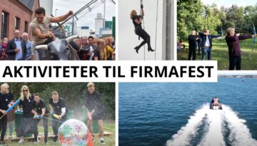 Billedet viser en collage af aktiviteter til en firmafest. Deltagerne engagerer sig i forskellige underholdende og udfordrende aktiviteter: ridning på en mekanisk tyr, rappelling ned ad en bygning, bueskydning, leg med vand og store bolde, og hurtig sejlads på vandet. Teksten "AKTIVITETER TIL FIRMAFEST" er centralt placeret på billedet.