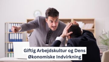 Billedet viser en aggressiv mand i et kontormiljø, som råber og peger vredt på en kollega, der sidder foroverbøjet og beskytter sit hoved med hænderne. Nederst på billedet står teksten: "Giftig Arbejdskultur og Dens Økonomiske Indvirkning". Billedet og teksten fremhæver de negative konsekvenser af en giftig arbejdskultur og dens påvirkning på arbejdspladsen.