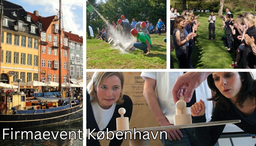 Billedet viser en billedtekst "Firmaevent København" og illustrerer forskellige teambuilding aktiviteter og firmaevents i København. Det inkluderer farverige bygninger ved Nyhavn, udendørs aktiviteter med vandkonkurrencer, teambuilding øvelser på en græsplæne, og aktiviteter hvor deltagere balancerer træklodser. Samlet set fremhæver billedet de mange muligheder for firmaevents i København, der kombinerer byens charme med sjove og interaktive aktiviteter.