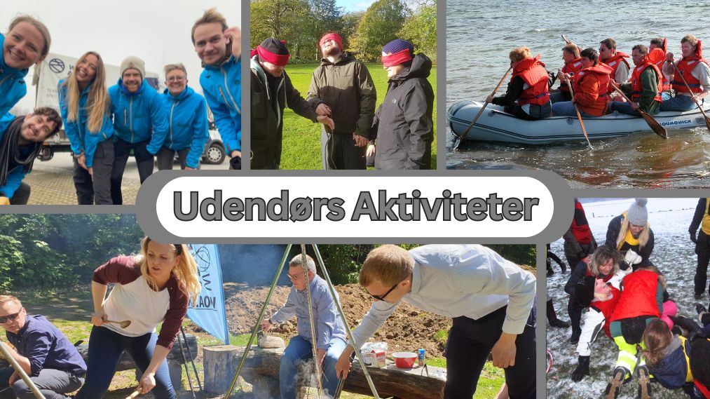 Billedet viser en billedtekst "Udendørs Aktiviteter" og illustrerer forskellige udendørs aktiviteter til firmaevents. Aktiviteterne inkluderer teamwork-øvelser, blindfold-udfordringer, rafting på vandet, madlavning over bål og vinteraktiviteter i sneen. Disse aktiviteter fremmer samarbejde, fysisk aktivitet og fælles oplevelser i det fri, ideelle til at styrke teamets sammenhold og skabe mindeværdige oplevelser.