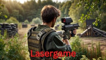 Billedet viser en person, der deltager i et lasergame. Personen er iført taktisk udstyr og holder en laserpistol, mens de bevæger sig gennem et udendørs spilleområde med forhindringer og træer i baggrunden. Teksten "Lasergame" er placeret nederst på billedet.