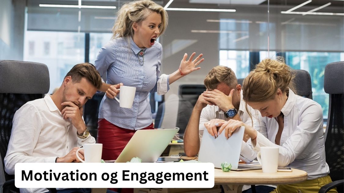 Billedet viser en stresset kontorsituation, hvor en kvinde råber, mens tre kolleger ser bekymrede og frustrerede ud. De sidder ved et bord med bærbare computere og kaffekrus. Der er en billedtekst: "Motivation og Engagement".