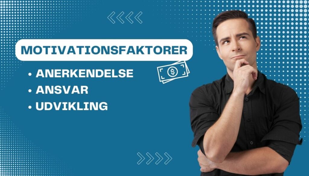 Billedet viser en mand, der tænker med hånden under hagen, mod en blå baggrund med hvide prikker. Teksten på billedet lyder "MOTIVATIONSFAKTORER" med punkterne "ANERKENDELSE", "ANSVAR" og "UDVIKLING". Ved siden af teksten er der en illustration af penge. Dette fremhæver de faktorer, der motiverer folk på arbejdspladsen.