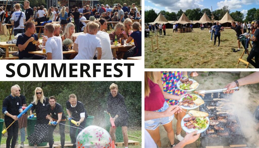 Billedet viser en collage af aktiviteter fra en sommerfest. Deltagerne nyder mad og drikke ved langborde, leger sjove vandaktiviteter med store bolde og vandpistoler, og samles omkring tipier på en mark. Derudover ses mennesker grille lækre retter, mens andre deltager i festlige spil og aktiviteter. Teksten "SOMMERFEST" er centralt placeret på billedet.