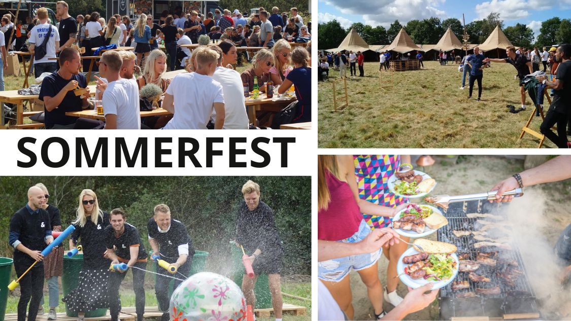 Billedet viser en collage af aktiviteter fra en sommerfest. Deltagerne nyder mad og drikke ved langborde, leger sjove vandaktiviteter med store bolde og vandpistoler, og samles omkring tipier på en mark. Derudover ses mennesker grille lækre retter, mens andre deltager i festlige spil og aktiviteter. Teksten "SOMMERFEST" er centralt placeret på billedet.