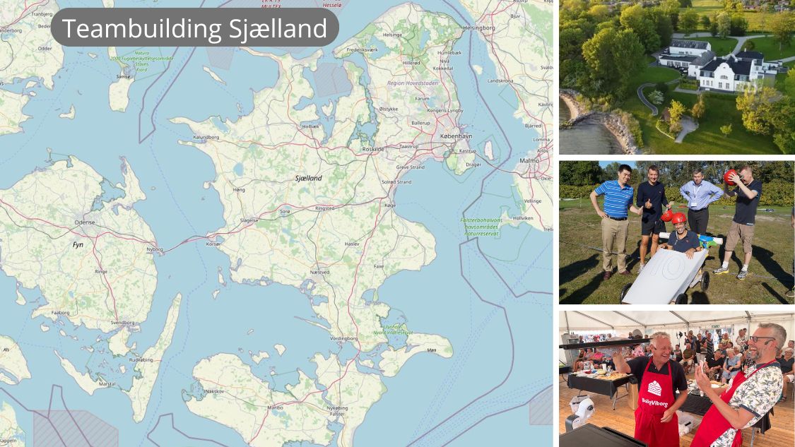 Billedet viser et kort over Sjælland, og der er en billedtekst "Teambuilding Sjælland". Billederne viser forskellige teambuilding aktiviteter og lokationer, herunder moderne faciliteter, udendørs teambuilding aktiviteter og sociale arrangementer som madlavningskonkurrencer. Disse elementer illustrerer de forskellige muligheder og steder for teambuilding på Sjælland,