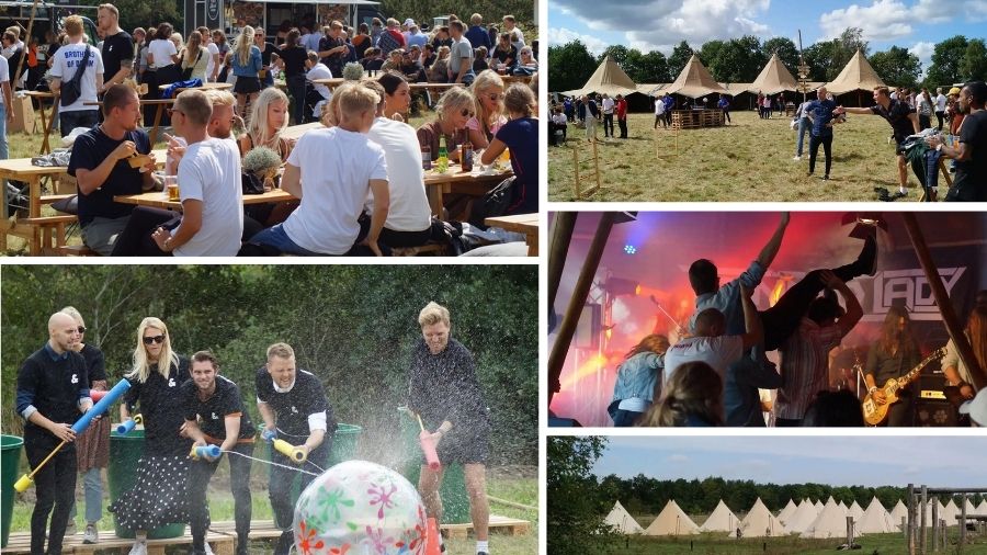 Billedet viser en collage af teambuilding-events og sommerfestaktiviteter. Deltagerne nyder udendørs festligheder med spisning ved langborde, leger sjove vandaktiviteter, og deltager i musikalske indslag under et telt. Der er også billeder af tipier opstillet på en mark, hvilket skaber en festivalstemning. T