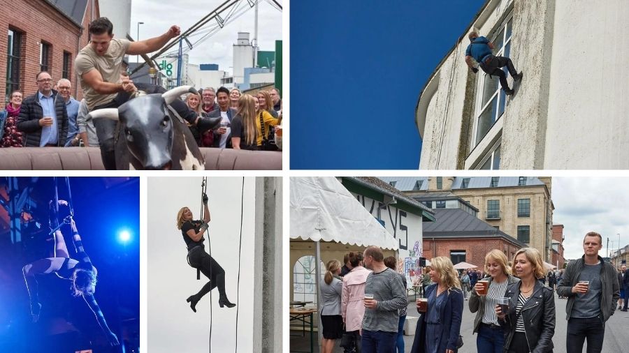 Billedet viser en collage af teambuilding-events og sommerfestaktiviteter. Deltagerne deltager i forskellige aktiviteter: nogle rider på en mekanisk tyr, andre klatrer på bygninger, nogle udfører akrobatiske luftoptrædener, og andre rappeller ned ad vægge. Derudover ses folk, der nyder festlighederne med drikkevarer i hænderne.