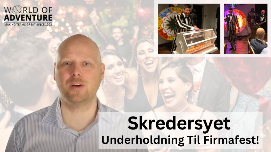 Billedet viser en præsentation med teksten "Skræddersyet Underholdning Til Firmafest!" i forgrunden. En mand står foran en baggrund med festlige mennesker, der ser ud til at nyde en firmafest. Øverst til højre er der to mindre billeder, der viser forskellige underholdningsaktiviteter: en person, der drejer et lykkehjul, og en anden, der er engageret i en anden sjov aktivitet. Teksten og præsentationen fremhæver skræddersyet underholdning, der er ideel til firmafester.