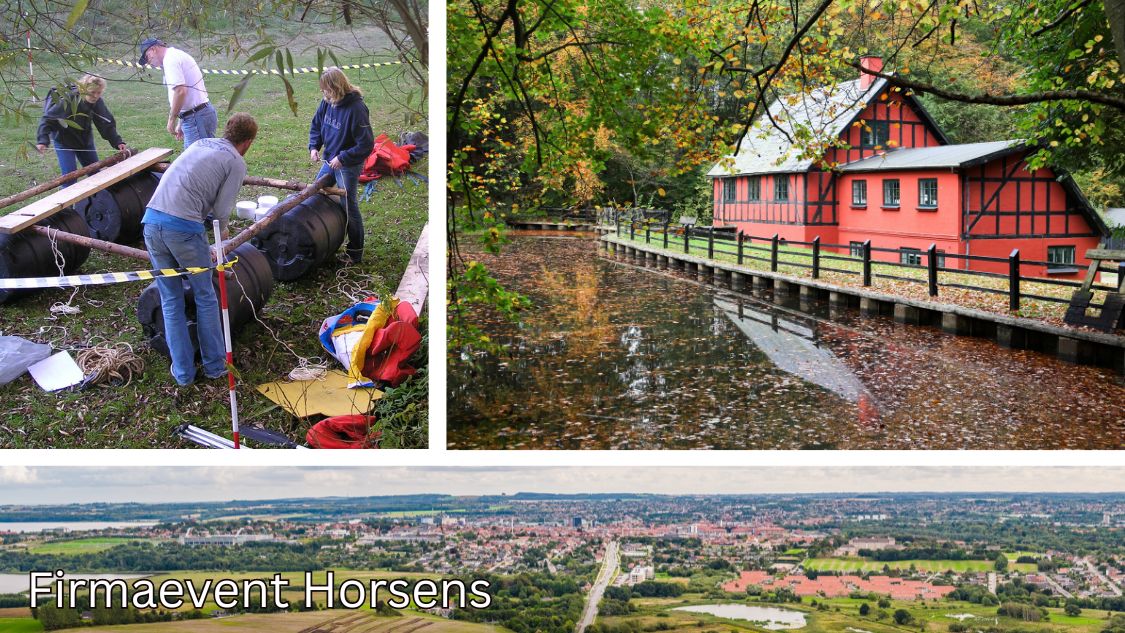 Billedet viser forskellige scener fra Horsens. Øverst til venstre arbejder en gruppe mennesker sammen om at bygge en tømmerflåde som en del af et teambuilding-event. Øverst til højre er der et idyllisk billede af et rødt bindingsværkshus ved en sø eller å, omkranset af efterårsløv. Nederst ses en panoramisk udsigt over Horsens by. Teksten "Firmaevent Horsens" angiver, at det handler om firmaevents i området.