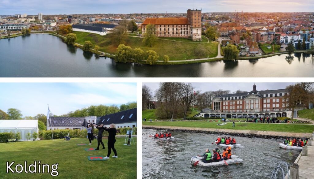 Billedet viser forskellige teambuilding-aktiviteter i Kolding. Øverst ses Koldinghus, omgivet af en sø, hvilket giver en smuk ramme for udendørs firmaevents. Nederst til venstre deltager folk i udendørs aktiviteter som laser lerdueskydning, mens nederst til højre er der en teambuilding-øvelse på vandet med gummibåde. Kolding tilbyder dermed en bred vifte af oplevelser til teambuilding og firmaevents.