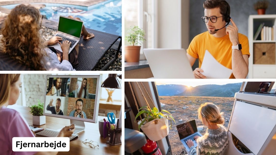 Billedet viser forskellige situationer af fjernarbejde. Mennesker arbejder ved en pool, ved et skrivebord med headset, deltager i videomøder og arbejder i naturskønne omgivelser. Teksten "Fjernarbejde" er synlig i nederste venstre hjørne, hvilket fremhæver fleksibiliteten ved denne arbejdsform.