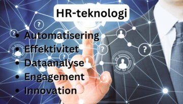 Billedet viser en grafisk fremstilling af HR-teknologi med ikoner og netværksforbindelser. En hånd peger på et centralt ikon. Teksten "HR-teknologi" står øverst, og punkterne "Automatisering," "Effektivitet," "Dataanalyse," "Engagement," og "Innovation" er angivet til venstre. Dette billede illustrerer vigtige aspekter af moderne HR-teknologi og dens fordele.