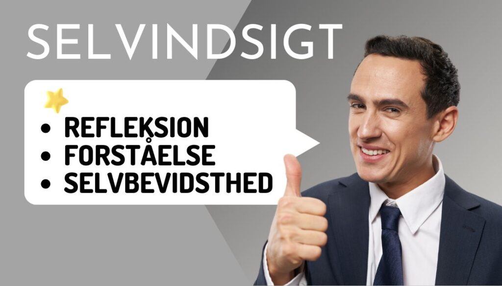 Billedet viser en smilende mand i jakkesæt, der giver en thumbs-up. Ved siden af ham er der en taleboble med teksten "REFLEKSION," "FORSTÅELSE," og "SELVBEVIDSTHED" under overskriften "SELVINDSIGT." En gul stjerne er placeret øverst i taleboblen. Baggrunden er grå og enkel, hvilket fremhæver teksten og manden. Teksten og billedet sammen formidler vigtigheden af selvindsigt i personlig og professionel udvikling.