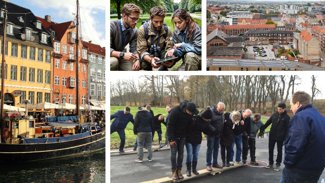 En collage, der viser farverige bygninger og både i Nyhavn, København, en byoversigt over Aalborg, en teambuilding-aktivitet i naturen, hvor en gruppe samarbejder på en balancebom, samt en orienteringsløbsgruppe engageret i udendørs opgaveløsning. Dette illustrerer de mange muligheder for teambuilding i både bymiljøer og naturen i Danmark.