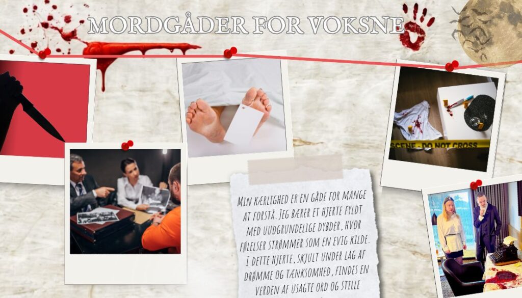 Billedet viser et tema med "Mordgåder for voksne" og er sat op som en collage af forskellige elementer fra et kriminalmysterium. Øverst i midten hænger en blodig tråd med polaroid-billeder, der skildrer forskellige scener fra en forbrydelse – blandt andet et mordvåben, en ligpose, og en efterforskning med detektiver. Stemningen er dramatisk og spændingsfyldt, og det hele skaber en atmosfære af mystik og gådeløsning, hvor deltagerne forventes at opklare en forbrydelse.