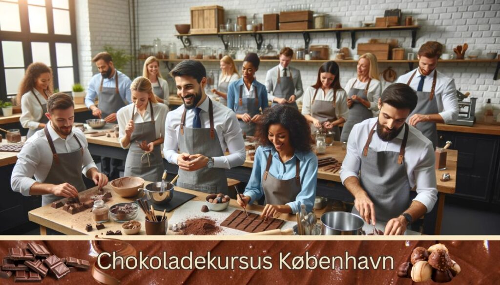 Billedtekst: Chokoladekursus København. Billedet viser en gruppe mennesker iført forklæder, der deltager i et chokoladekursus. Deltagerne arbejder entusiastisk med forskellige chokoladeteknikker i et moderne køkkenmiljø, hvilket skaber en atmosfære af kreativitet og samarbejde.