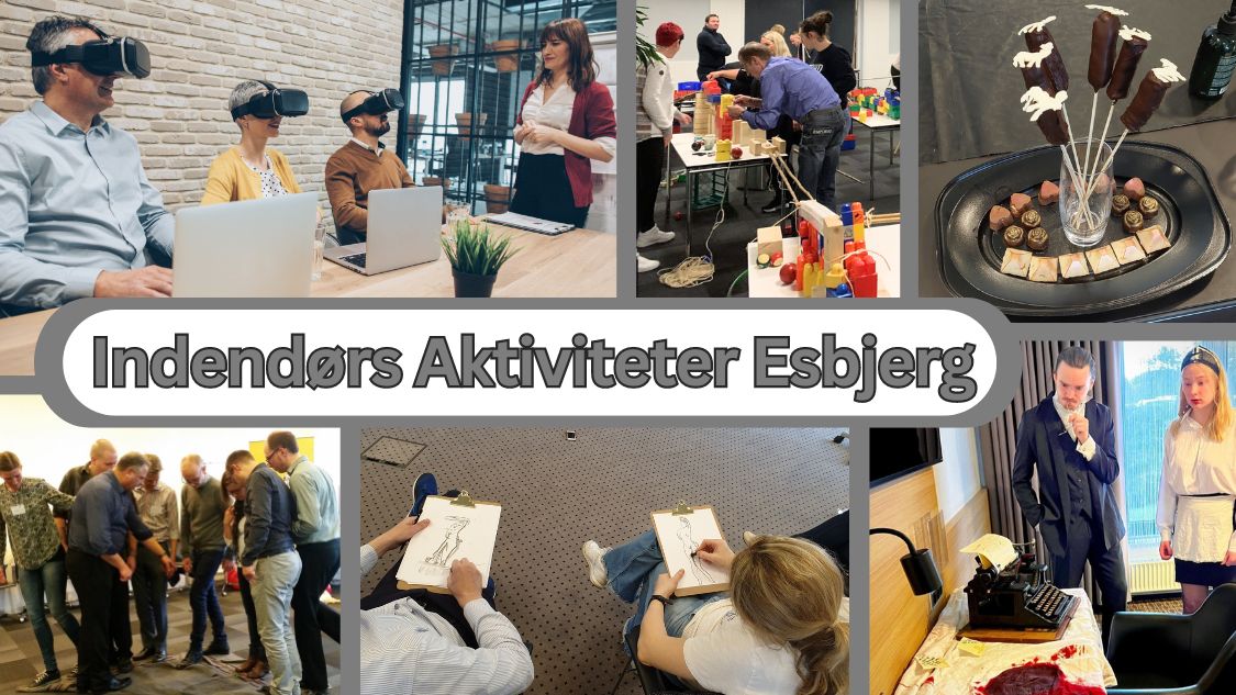 Billedtekst: Indendørs aktiviteter i Esbjerg. Billedet viser forskellige teambuilding-aktiviteter som VR-oplevelser, kreativ opbygning, smagning af delikatesser, tegning og mordmysterierollespil. Det afspejler en bred vifte af sjove og engagerende øvelser for virksomheder i Esbjerg.