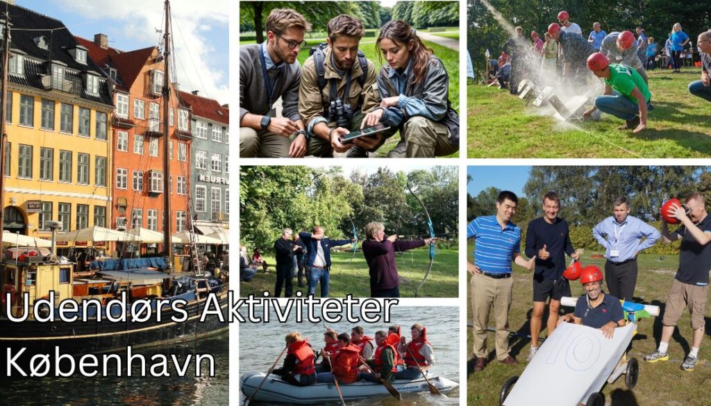 Billedtekst: Udendørs Aktiviteter København. Billedet viser forskellige teambuilding-aktiviteter udendørs i København. Fra samarbejde og problemløsning i grupper til fysiske udfordringer som bueskydning og kapsejlads, er der mange muligheder for sjove og engagerende oplevelser i det fri. Det viser også byens skønne omgivelser,