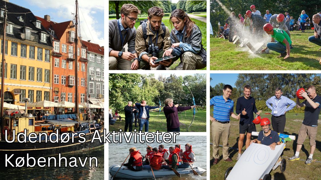 Billedtekst: Udendørs Aktiviteter København. Billedet viser forskellige teambuilding-aktiviteter udendørs i København. Fra samarbejde og problemløsning i grupper til fysiske udfordringer som bueskydning og kapsejlads, er der mange muligheder for sjove og engagerende oplevelser i det fri. Det viser også byens skønne omgivelser,