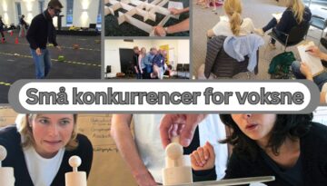 Billedtekst: Små konkurrencer for voksne. Billedet viser en række aktiviteter designet som små konkurrencer for voksne. Der er fokus på både samarbejde og individuel udfordring, som inkluderer balanceøvelser, labyrintspil og kreative opgaver. Deltagerne ser engagerede ud, hvilket skaber en sjov og social atmosfære.