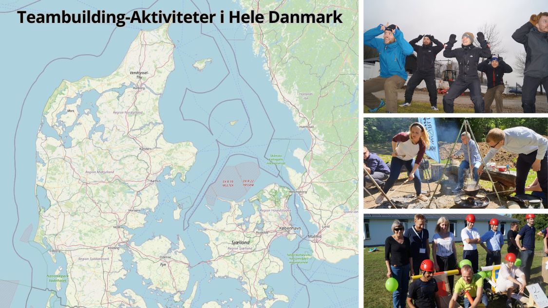 Billedtekst: Teambuilding-Aktiviteter i Hele Danmark. Billedet viser en kombination af et Danmarkskort og forskellige billeder af teambuilding-aktiviteter, der foregår rundt om i landet. Deltagerne engagerer sig i udendørsaktiviteter som samarbejdsøvelser, madlavning over bål og udfordrende teamopgaver, hvilket illustrerer de mange muligheder for teambuilding i Danmark.