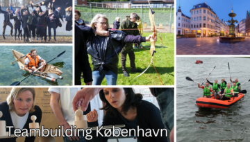 Billedet viser en collage af teambuilding-aktiviteter i København. Deltagere hopper glædeligt, laver bueskydning, sejler i både, og løser samarbejdsopgaver. Der er også et billede af en naturskøn plads i København med springvand. Teksten "Teambuilding København" er centralt placeret på billedet.