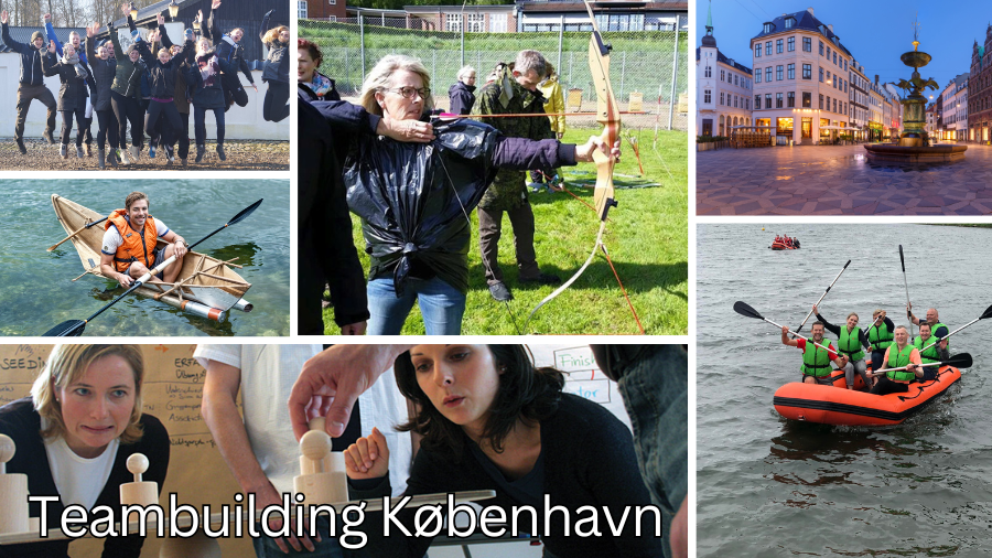 Billedet viser en collage af teambuilding-aktiviteter i København. Deltagere hopper glædeligt, laver bueskydning, sejler i både, og løser samarbejdsopgaver. Der er også et billede af en naturskøn plads i København med springvand. Teksten "Teambuilding København" er centralt placeret på billedet.