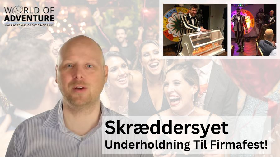 Billedet viser en præsentation med teksten "skræddersyet Underholdning Til Firmafest!" i forgrunden. En mand står foran en baggrund med festlige mennesker, der ser ud til at nyde en firmafest. Øverst til højre er der to mindre billeder, der viser forskellige underholdningsaktiviteter: en person, der drejer et lykkehjul, og en anden, der er engageret i en anden sjov aktivitet. Teksten og præsentationen fremhæver skræddersyet underholdning, der er ideel til firmafester.