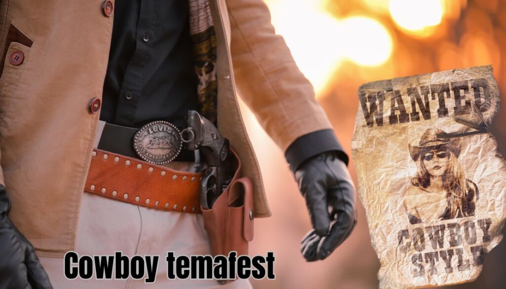 Billedetekst: Cowboy temafest. Dette billede bringer den vilde vest til live med et autentisk cowboytema. Detaljer som cowboybælte, revolverhylster og en "Wanted"-plakat skaber en stemning af eventyr og nostalgi.