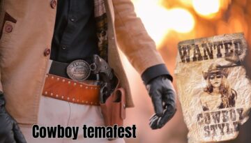 cowboy temafest Billedetekst: Cowboy temafest. Dette billede bringer den vilde vest til live med et autentisk cowboytema. Detaljer som cowboybælte, revolverhylster og en "Wanted"-plakat skaber en stemning af eventyr og nostalgi.