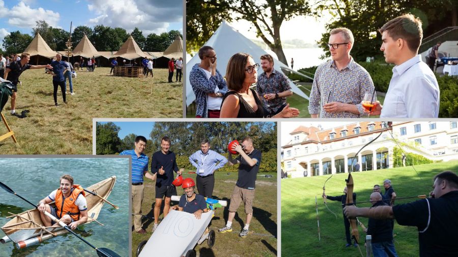 Billedet fanger stemningen til en firma-sommerfest i København, hvor medarbejdere engagerer sig i forskellige aktiviteter som bueskydning, kajaksejlads og teamwork-øvelser. Arrangementet foregår udendørs i naturskønne omgivelser med telte og grønne områder, hvilket skaber en afslappet og social atmosfære.