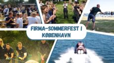 Billedtekst: Firma-sommerfest i København. Billedet viser en firma-sommerfest i København med aktiviteter som udendørs spil, vandsport og fællesskab. Deltagerne nyder en sjov og social dag med forskellige aktiviteter, der fremmer teamwork og glæde i smukke omgivelser.