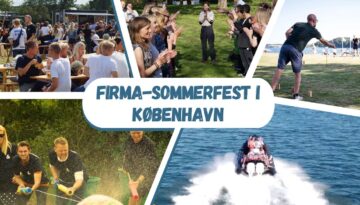 Billedtekst: Firma-sommerfest i København. Billedet viser en firma-sommerfest i København med aktiviteter som udendørs spil, vandsport og fællesskab. Deltagerne nyder en sjov og social dag med forskellige aktiviteter, der fremmer teamwork og glæde i smukke omgivelser.