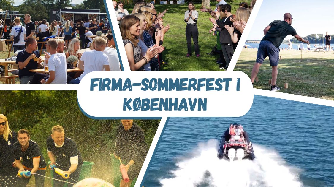 Billedtekst: Firma-sommerfest i København. Billedet viser en firma-sommerfest i København med aktiviteter som udendørs spil, vandsport og fællesskab. Deltagerne nyder en sjov og social dag med forskellige aktiviteter, der fremmer teamwork og glæde i smukke omgivelser.