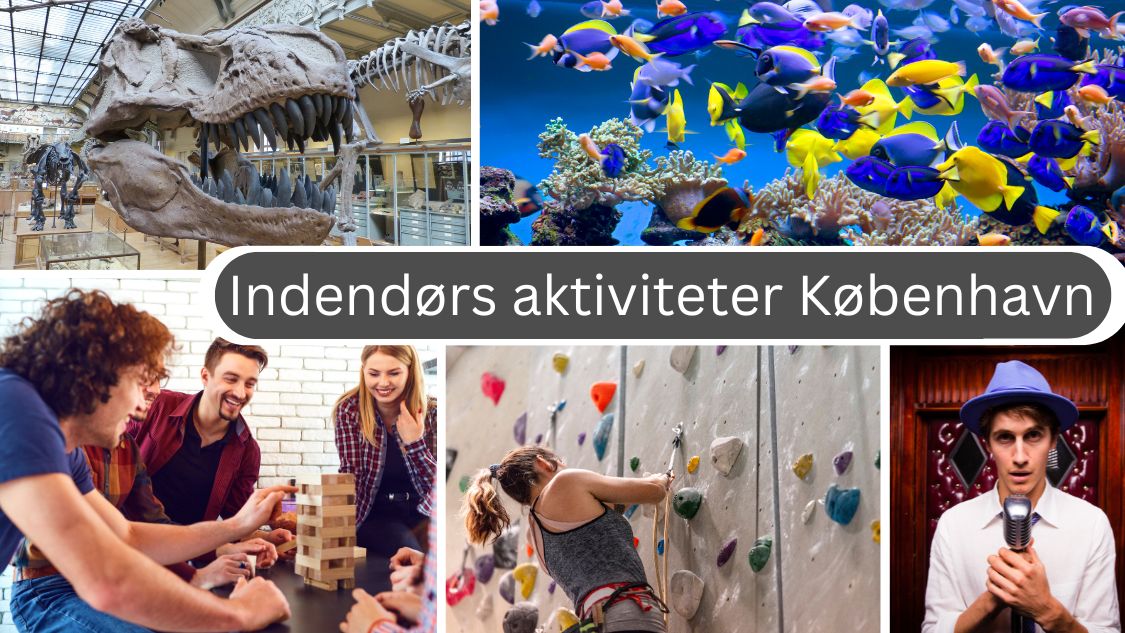 Billedet viser en collage af forskellige indendørs aktiviteter, der kan opleves i København. Der er fokus på kultur, underholdning og fysisk aktivitet med elementer som museumsbesøg, akvarium, brætspil, klatring og performance. Teksten "Indendørs aktiviteter København" opsummerer temaet.