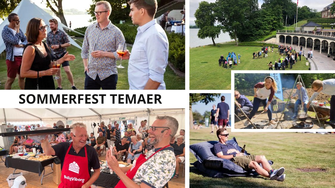 Billedet er en collage, der viser forskellige aktiviteter til en sommerfest. Der er både sociale samtaler, udendørs lege, madlavning over bål og afslapning i græsset. Deltagerne ser ud til at hygge sig og nyde stemningen. Teksten "SOMMERFEST TEMAER" fremhæver festens tema.