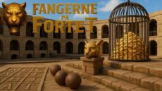 Billedet viser en scene inspireret af det kendte tv-program Fangerne på Fortet. I centrum ser man en stor guldskat indespærret i et bur, symboliserende den endelige gevinst. Rundt omkring ses gamle stenbygninger og arkader, hvilket giver en atmosfære af et mystisk og eventyrligt fort. Foran er der store kugler og en stenplade med bogstaver, som minder om de gåder og fysiske udfordringer, deltagerne skal igennem for at nå skatten. Scenen er perfekt til at illustrere en sjov og spændende teambuilding-oplevelse, hvor samarbejde og problemløsning er i fokus.