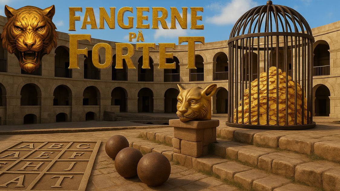Billedet viser en scene inspireret af det kendte tv-program Fangerne på Fortet. I centrum ser man en stor guldskat indespærret i et bur, symboliserende den endelige gevinst. Rundt omkring ses gamle stenbygninger og arkader, hvilket giver en atmosfære af et mystisk og eventyrligt fort. Foran er der store kugler og en stenplade med bogstaver, som minder om de gåder og fysiske udfordringer, deltagerne skal igennem for at nå skatten. Scenen er perfekt til at illustrere en sjov og spændende teambuilding-oplevelse, hvor samarbejde og problemløsning er i fokus.